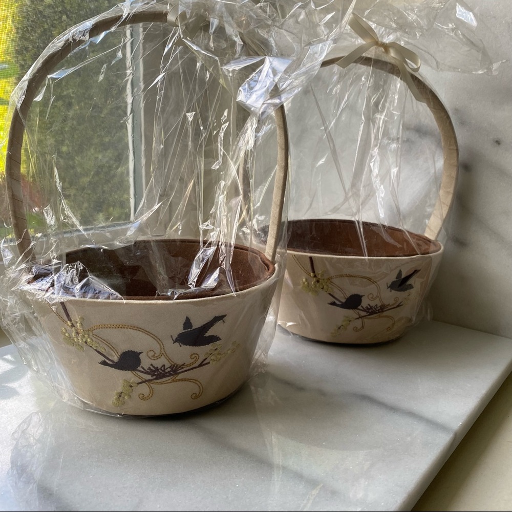 2 x Love Birds Themed Natural Coloured Fabric Wedding Flower Girl’s Baskets